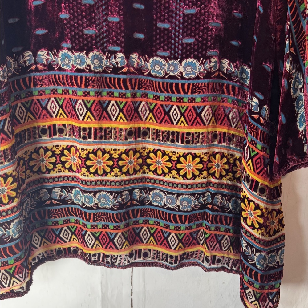 Johnny Was Burgundy Silk/Velvet Sheer and Multicolor Tunic - Picture 4 of 9